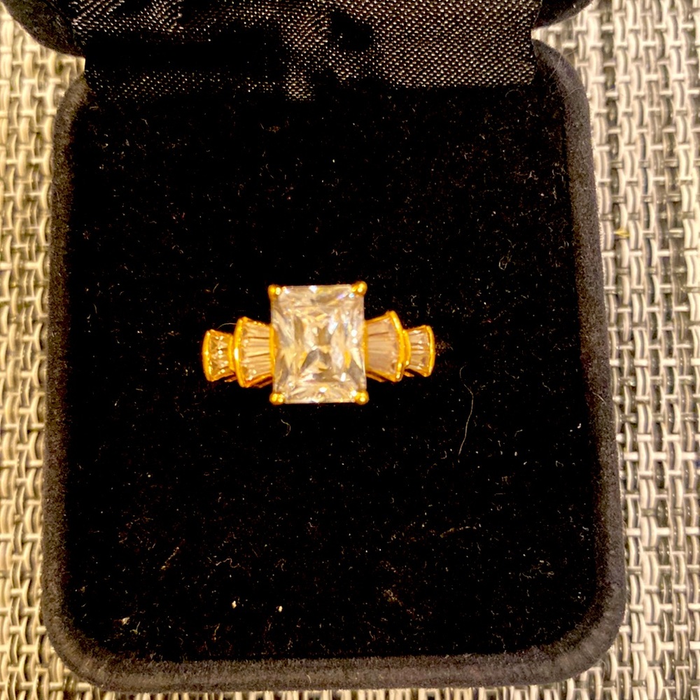 14k gold Diamonique emerald shape ring with baguettes